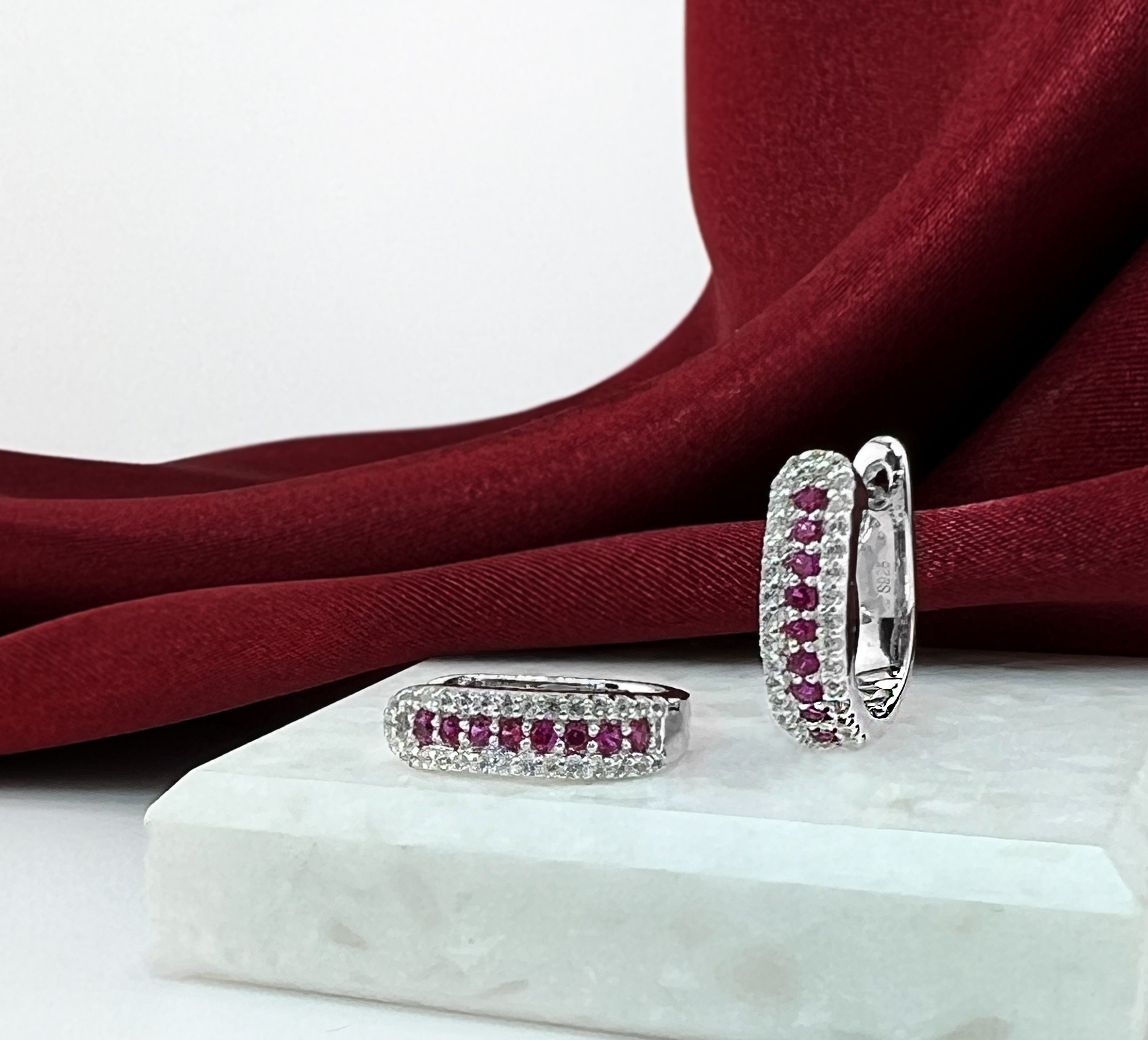 Ruby Huggie Earrings in Rhodium-Plated Sterling Silver, Small Hoop Women's Earrings, Gemstone Hoop Earrings, Gift for Women
