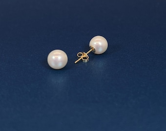 Classic 6-8mm Pearl Studs, Solid 14K Yellow or White Gold Genuine Pearl Earrings, 14K Gold White Freshwater Cultured Pearl Button Earrings