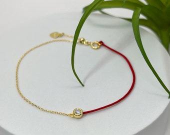 Certified Moissanite, 14K Yellow Gold Plated Sterling Silver Chain and Red Cord Bracelet, The Half Chain String of Love Bracelet, Adjustable