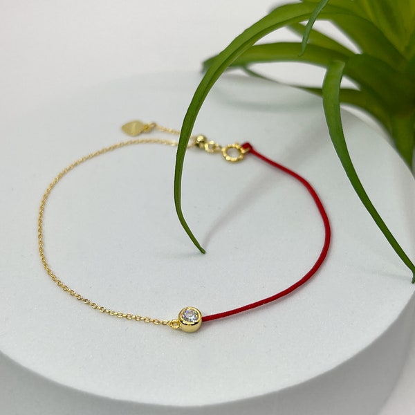 Certified Moissanite, 14K Yellow Gold Plated Sterling Silver Chain and Red Cord Bracelet, The Half Chain String of Love Bracelet, Adjustable