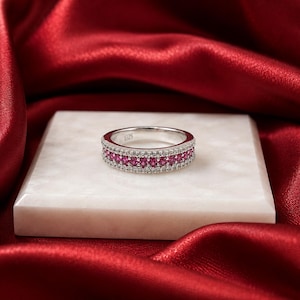 Rhodium-Plated Sterling Silver Ruby Ring: Half Eternity Stackable Band