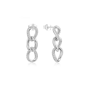 Moissanite Chain link Earrings in Rhodium Plated Sterling Silver, Link Drop Earrings, Oval Chain Drop Earrings, Dangle Earrings for Women