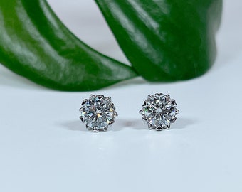 GRA Certified VVS1 Moissanite Solitaire Stud Earrings in Rhodium Plated Sterling Silver, 1Ct or 2Ct Brilliant Cut Moissanite Diamond Studs