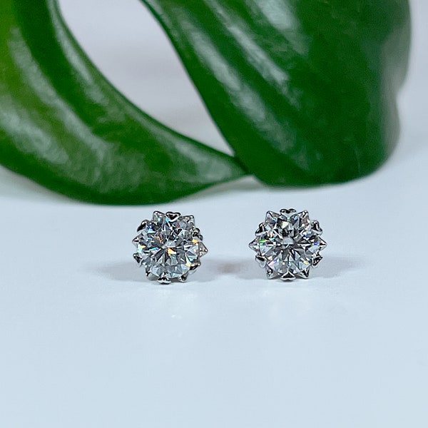 Certified VVS1 Moissanite Solitaire Stud Earrings in Rhodium Plated Sterling Silver, 1Ct or 2Ct Brilliant Cut Moissanite Diamond Studs