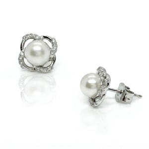 Moissanite Pearl Flower Earrings, Rhodium Sterling Silver Studs