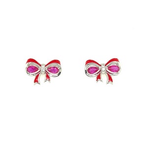 May include: A pair of silver bow earrings with red enamel and pink gemstones.