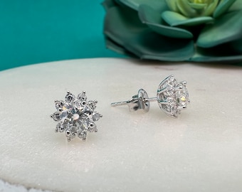2.00Ct or 3.50Ct Certified VVS1 Moissanite Stud Earrings in Rhodium Plated Sterling Silver, Flower Earrings, Halo Studs, Moissanite Earrings