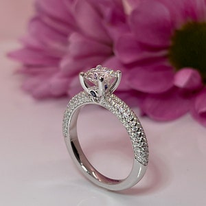 1 Ct Certified VVS1 Moissanite Engagement Ring, Engagement Ring with a Pavé Band in Rhodium Plated Sterling Silver, Vacation Ring