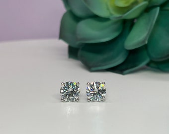 Certified VVS1 Round Brilliant Cut Moissanite Diamond Stud Earrings - Rhodium Plated 925 Sterling Silver - 1Ct, 2Ct, or 4Ct Solitaire Studs