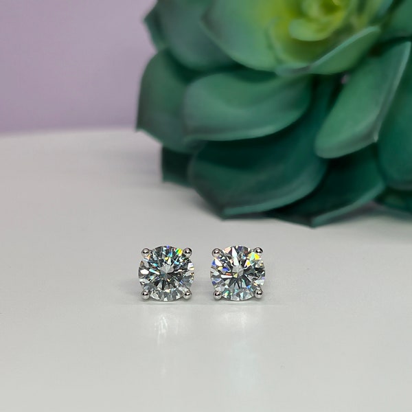Certified VVS1 Round Brilliant Cut Moissanite Diamond Stud Earrings - Rhodium Plated 925 Sterling Silver - 1Ct, 2Ct, or 4Ct Solitaire Studs