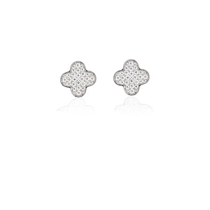 Clover Leaf Stud, Certified Moissanite Lucky Clover Earrings In Rhodium Plated Sterling Silver, Four-Leaf Clover Earrings, Floral Earstuds
