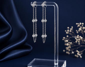 Boucles d'oreilles enfilet moissanite : style chaîne (argent sterling plaqué rhodium)