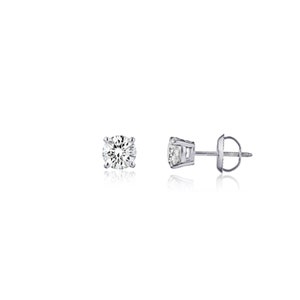 May include: A pair of silver stud earrings with a round, clear diamond in the center of each earring.