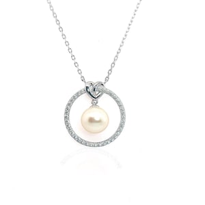 925 Sterling Silver Freshwater Pearl Necklace (Silver, CZ and 8mm Cultured AAA Grade Pearl Circle Necklace)