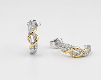 Créoles en J torsadées bicolores : accent de moissanite, argent sterling plaqué or 14 carats