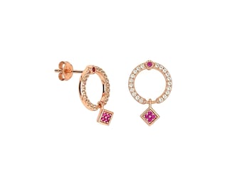 Boucles d'oreilles cercle rubis et saphirs blancs : clous d'oreilles pendantes en or rose et en argent sterling