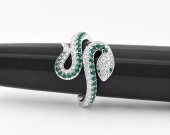 Bague serpent en moissanite : yeux émeraude, argent sterling plaqué or 18 carats