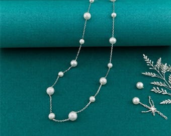 Collier de perles d'eau douce : argent sterling rhodié, bijoux de mariée réglables