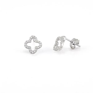 Four Leaf Clover Stud Earrings, Moissanite Clover Earrings in Rhodium Plated Sterling Silver, Pave Clover Floral Earstuds, Minimalist Studs