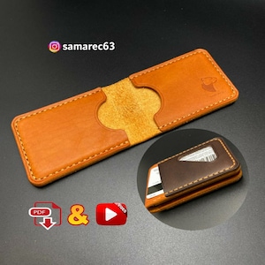 May include: A brown leather wallet with a single card slot and a separate pocket for cash. The wallet is closed and has a stitched edge. The wallet is made by "Handmade".