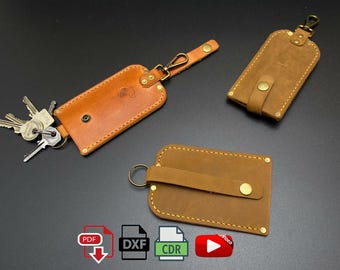 Retro Leather key holder PDF Pattern A4 - Digital template for Keychain - dxf, cdr download for laser cutting leathercraft Classic Key Case