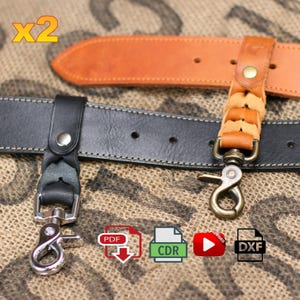 May include: Two leather belt loops with a braided leather strap and a silver hook. The loops are attached to a black leather belt and a brown leather belt. The image includes the text "x2", "PDF", "CDR", "VIDEO", and "DXF".