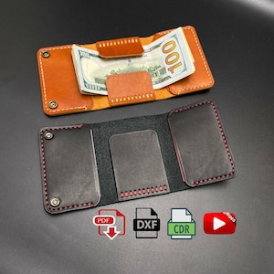 以下が含まれることがあります： 茶色と黒色の手作りの革製財布。100ドル紙幣の束を表示するために開いています。財布はステッチのディテールと金属リベットが特徴です。内側は赤色のステッチが施された黒色です。PDF、DXF、CDR、ビデオアイコンが含まれています。