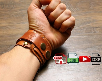Leather Wristband , Steampunk Bracelet PDF Pattern for Leathercraft, Biker Cuff Bracelet Digital template, dxf - cdr for Laser cutting DIY