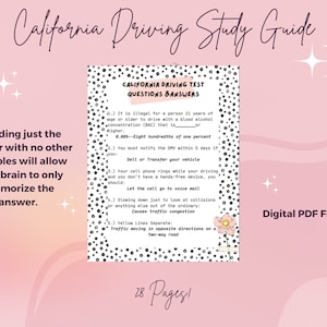 Op de afbeelding: Een zwart-witte printbare studiegids voor het rijexamen in Californië. De gids bevat vragen en antwoorden over verkeerswetten en -regels. De tekst op de pagina bevat "California Driving Test Questions & Answers" en "28 Pages!"