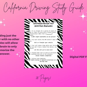 Op de afbeelding: Een zwart-wit gestreepte zebra-studiegids voor het rijexamen in Californië. De gids bevat vragen en antwoorden over verkeersregels en -voorschriften. De tekst op de gids luidt "California Driving Test Questions & Answers".
