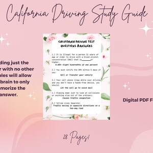 Op de afbeelding: Een roze en witte digitale studiegids voor het rijexamen in Californië. De gids bevat vragen en antwoorden over verkeerswetten en -regels. De tekst op de gids luidt "California Driving Study Guide" en "Digital PDF File Only".