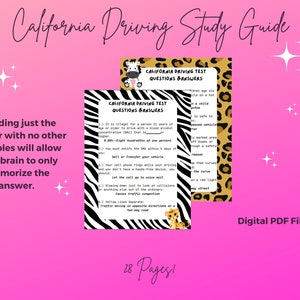 Op de afbeelding: Een zwart-witte zebraprint achtergrond met een roze luipaardprint overlay. De tekst "California Driving Study Guide" staat bovenaan de pagina. De tekst "28 Pages!" staat onderaan de pagina. De tekst "Digital PDF File Only" staat in de rechterbenedenhoek van de pagina. De pagina bevat een studiegids voor het rijexamen in Californië met vragen en antwoorden.