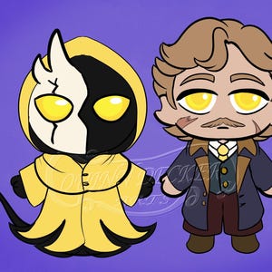 May include: Illustration of two cartoon characters with large yellow eyes. One character is in a yellow hooded cloak with a black and white face. The other character is wearing a dark blue coat and brown pants.