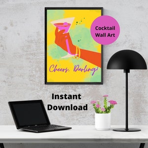 Cocktail Art Print, Neon Art Deco, Cheers Print, Cocktail Poster, Neon Wall Art, Cheers Neon Sign, Cocktail Bar Art, Neon Artwork, Neon Art