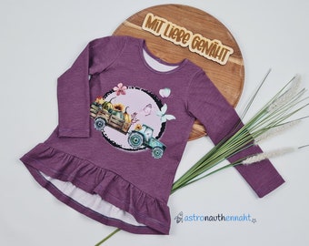 Handmade Langarmshirt mit Rüschen | Cutie Shirt Größe 104 | Traktor | Landleben | lila beere | Mädchen |