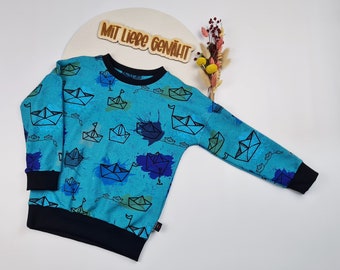 Sweater | Gr. 110 | Pullover | Sweatshirt | Junge | Mädchen | Kinder | Papierboote | maritim | petrol