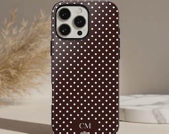 Personalized Polka Dot Phone Case with Custom Initials, Neutral Minimalist Monogram Cover, Slim, Tough & MagSafe Options