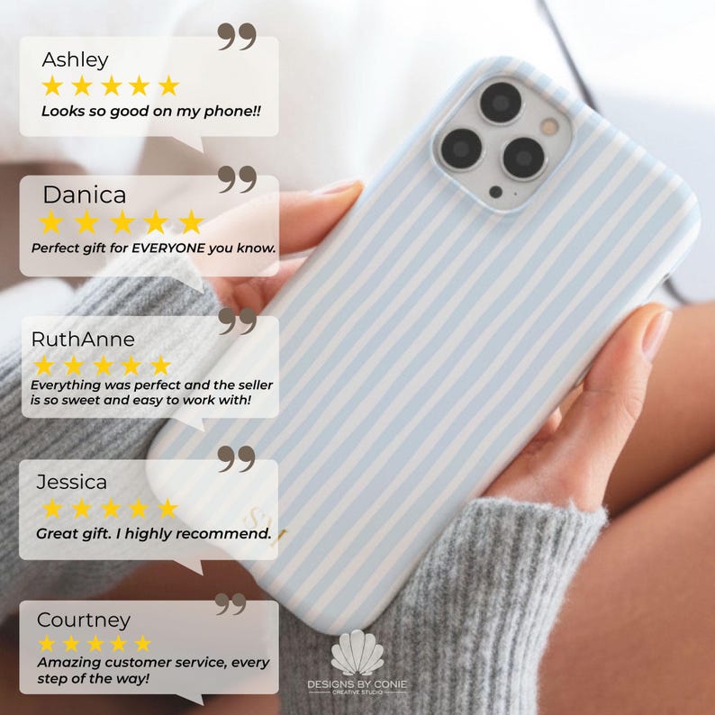 May include: A light blue and white striped phone case. The case is held in a person's hand. The image includes customer reviews with text such as "Looks so good on my phone!!" and "Great gift. I highly recommend."