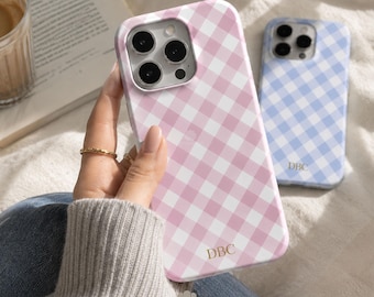 Personalized Gingham Phone Case with Monogram, Custom Initials iPhone Samsung Pixel Cover, Preppy Aesthetic Pastel Phonecase