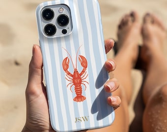 Striped Lobster Phone Case, Coastal Preppy Beach Cover with Initials, Summer Vacation Aesthetic Case for iPhone, Samsung Galaxy & Pixel