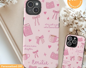 Bookish Phone Case Coquette Pink Bow, Personalized iPhone Case for Book Lover Girl, Aesthetic Reader Gift