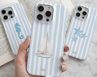 Nautical Sailboat Phone Case, Striped Coastal Cover with Initials, Ocean Aesthetic Case for iPhone, Samsung Galaxy & Pixel