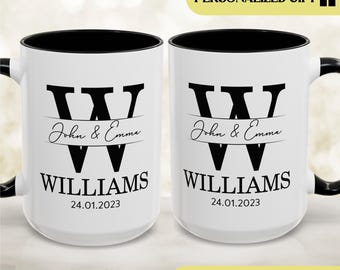 Personalized Mr and Mrs Mug Wedding Gift for Couple Newlywed Coffee Mug Custom Last Name Monogram Engagement Gift His and Hers Mugs