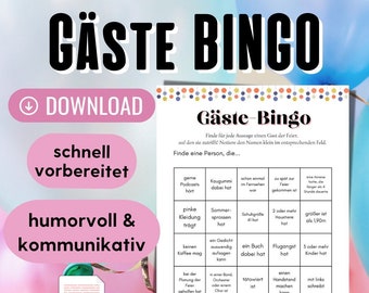 Gästebingo Spiel PDF, Kennenlernspiele Erwachsene, Finde den Gast Bingo Geburtstag zum Ausdrucken, Ideen Geburtstagsfeier Erwachsene, Bingo