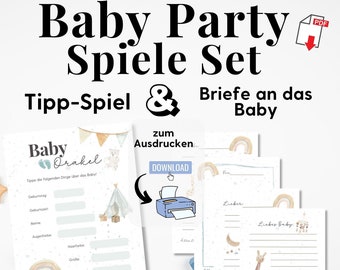 Babyparty Spiele Set zum Ausdrucken mit 2 Spielen, Tippspiel Briefe an das Baby, Baby Shower Ideen, Baby Party Deutsch Junge Mädchen PDF