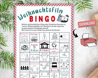 Bingo de cine navideño para imprimir, juego navideño para adultos PDF, bingo de cine navideño para toda la familia, juego de Adviento