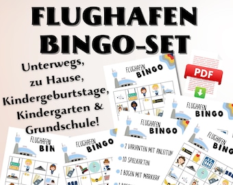 Gioco del bingo per bambini in tedesco, bingo da viaggio in aeroporto per bambini, cartelle del bingo da stampare in PDF, giochi del bingo, set bingo per le vacanze, bingo in PDF