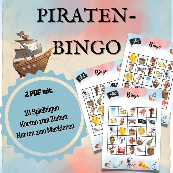 Bingo Piratenparty Kindergeburtstag, Piraten Kindergeburtstag, Bingo Karten ausdrucken PDF, Ideen Spiele Piratengeburtstag, Bingo Download