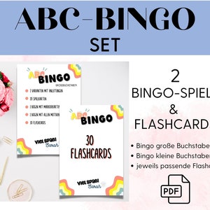 May include: Two colorful printable bingo game cards with the text "ABC Bingo" and "30 Flashcards". The cards have a rainbow design and are perfect for learning the alphabet. The text "2 Bingo Games & Flashcards" is also included in the image.