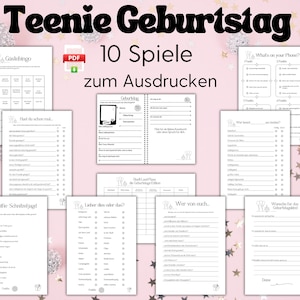 Könnte beinhalten: Ein druckbares Set mit 10 Spielen für eine Teenager-Geburtstagsparty. Die Spiele beinhalten "What's on your Phone?", "Guess the Song", "Who Knows Who Best", "Selfie Scavenger Hunt", "Would You Rather" und mehr.